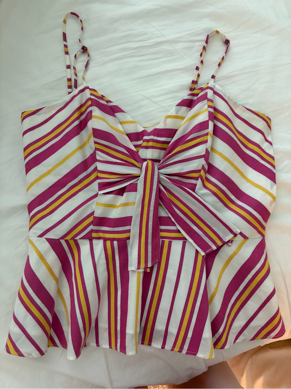 Parker Striped Tie-Front Spaghetti Strap Top in Fuchsia and Yellow